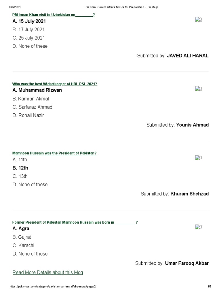 Pakistan Current Affairs MCQs For Preparation - PakMcqsD | PDF ...