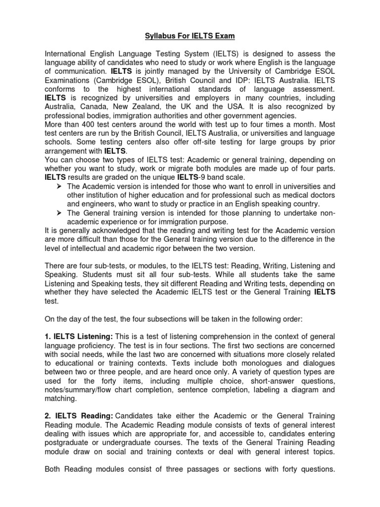 IELTS Exam Syllabus Guide | PDF | International English Language ...