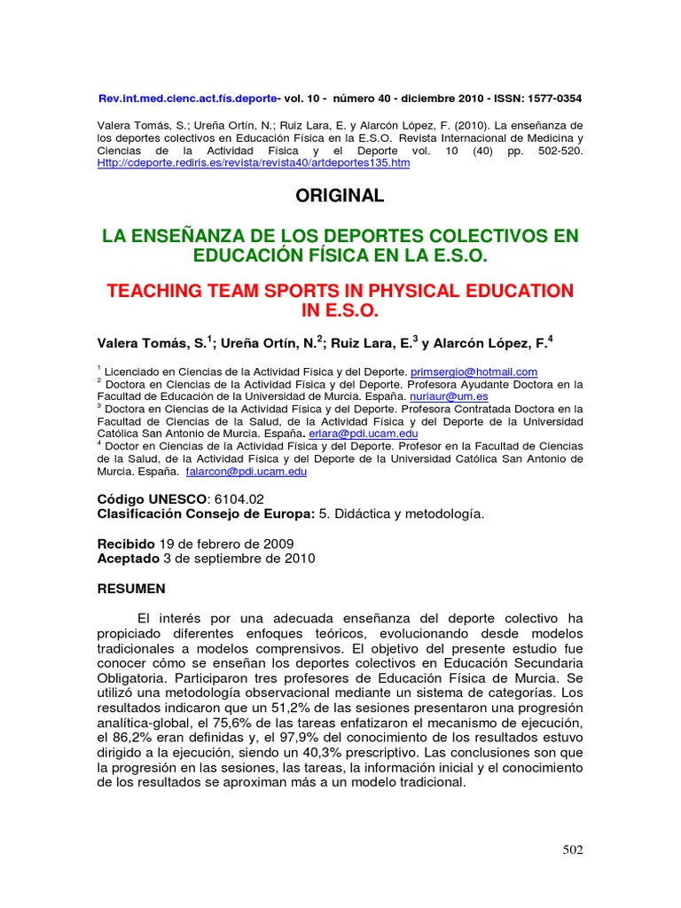 La Enseñanza de Los Deportes Colectivos en Educación Física | PDF ...