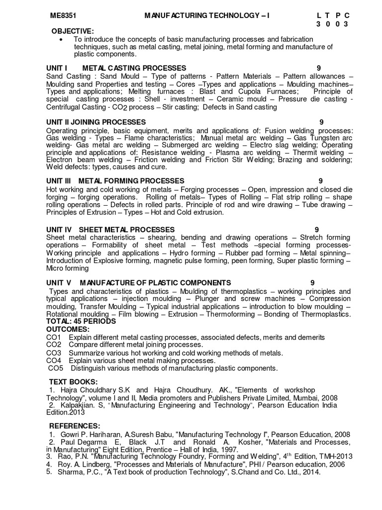 Manufacturing Technology Syllabus | PDF | Welding | Construction