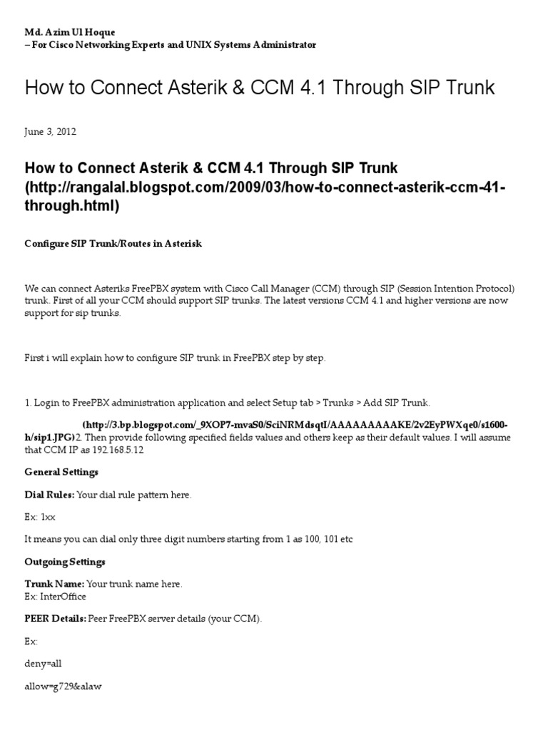 Connect Asterisk to CCM 4.1 via SIP | PDF | Session Initiation Protocol ...