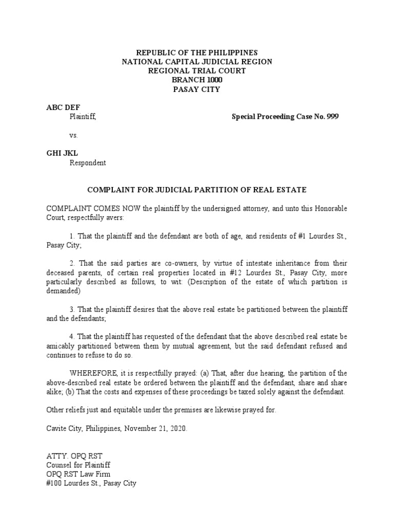 Complaint For Judicial Partition of Real Estate PDF