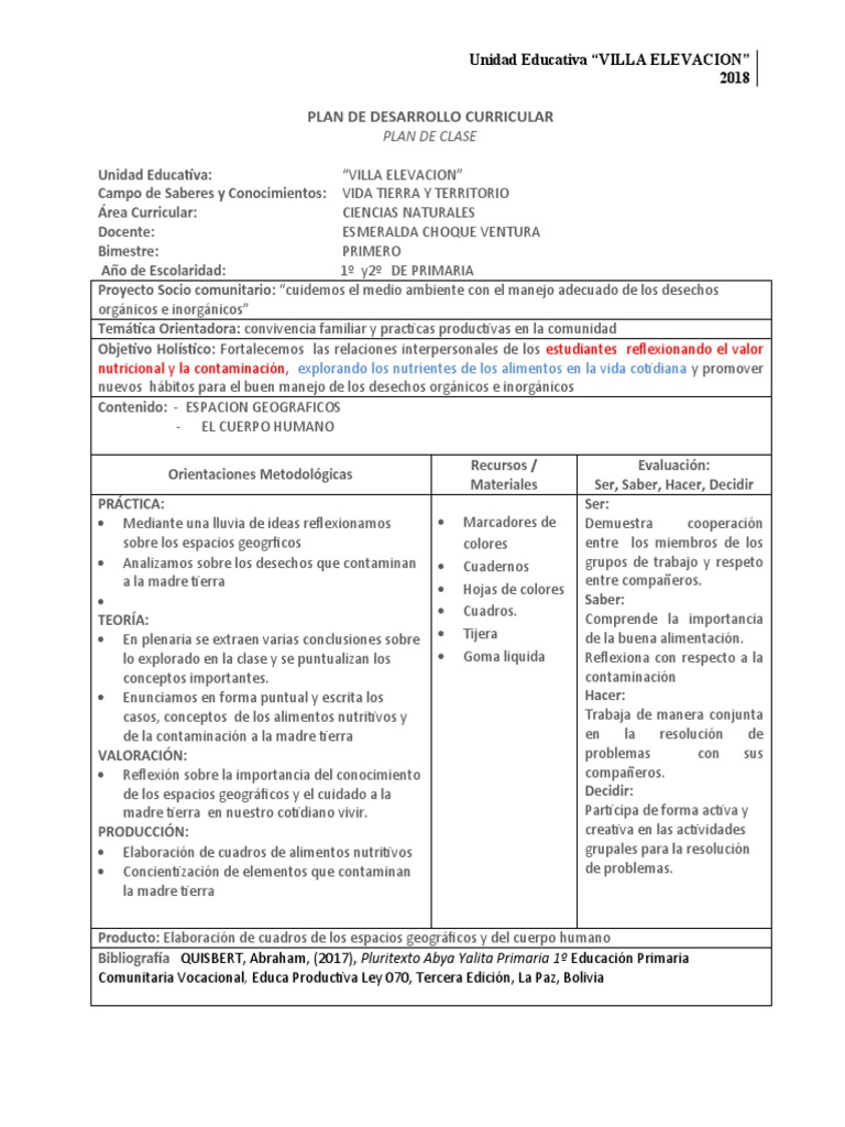 Plan de Clases para Primaria 2018 | PDF | Educación primaria | Evaluación