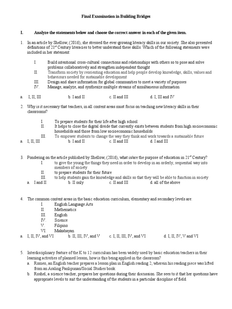 Final Examination in Building Bridges | PDF | Literacy | Learning
