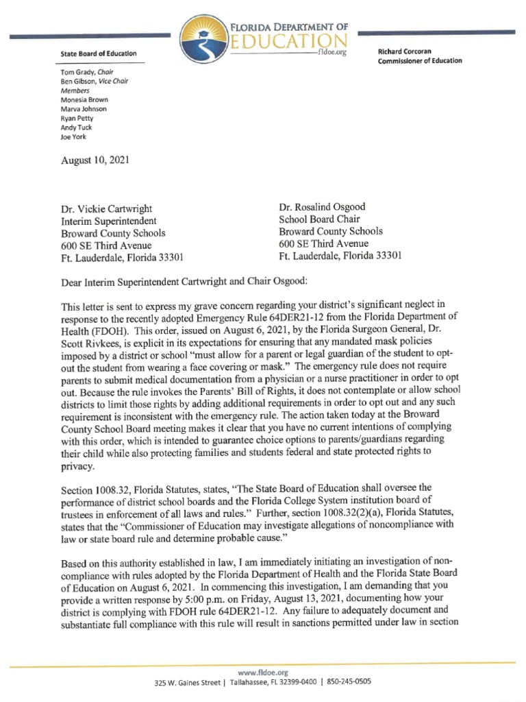 Florida Department of Education Letter To Broward Schools On Mask ...