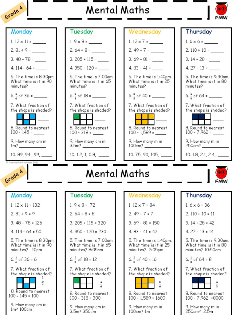 Grade 4 Mental Maths Worksheet 1 1 PDF