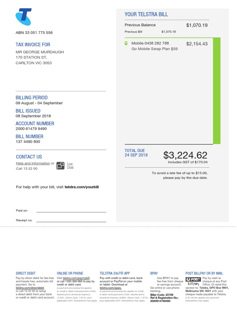 Tax Invoice For: Your Telstra Bill | PDF | Debit Card | Payments
