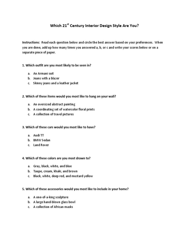 21st Century Interior Design Styles Quiz | PDF | Lifestyle