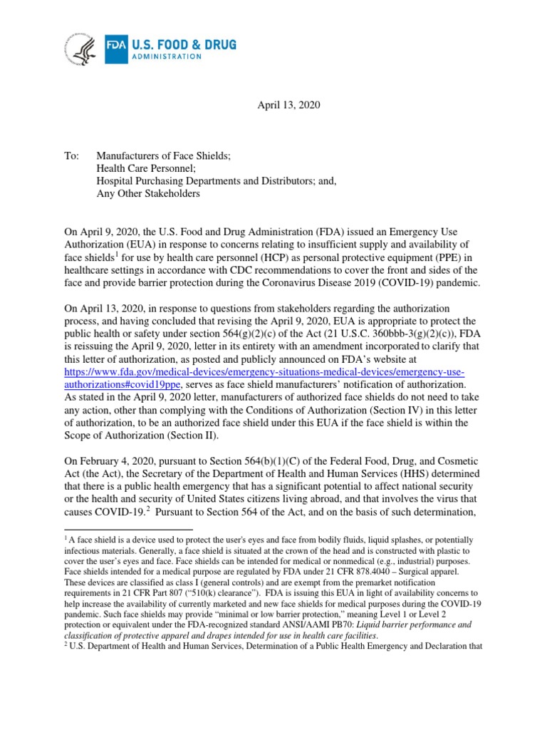 FDA Emergency Use Authorization for Face Shields | PDF | Food And Drug ...