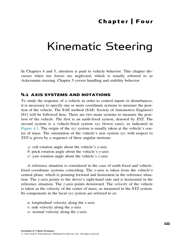 Chapter Four Kinematic Steering 2015 Essentials of Vehicle Dynamics PDF Cartesian