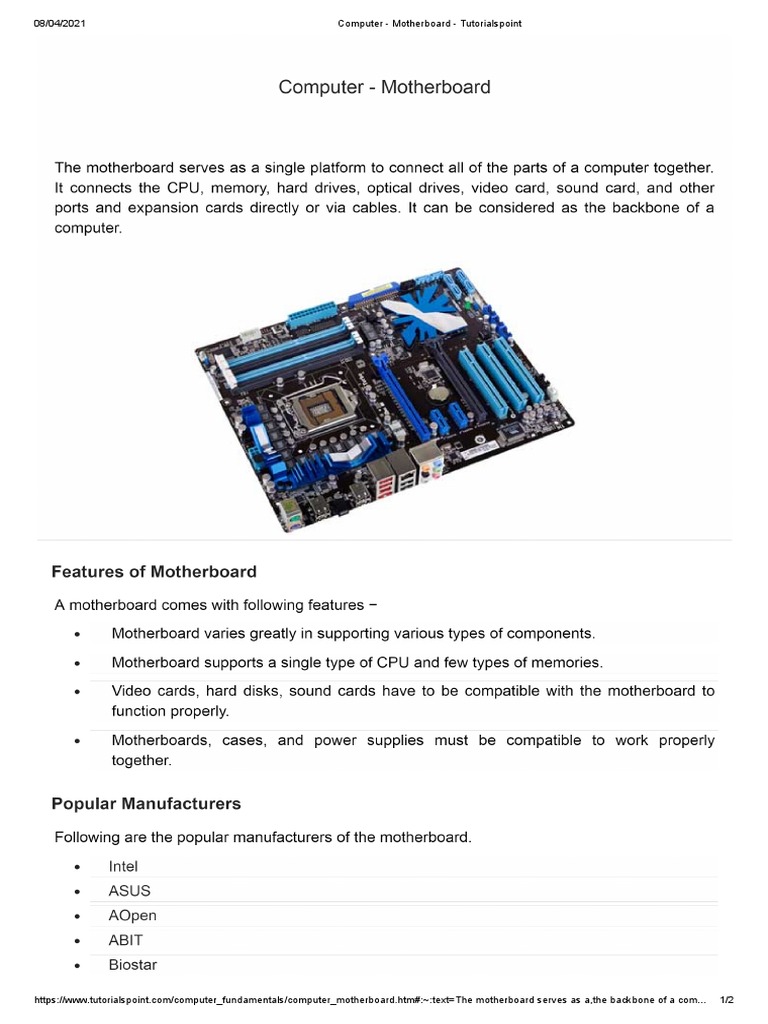 Computer Motherboard Tutorialspoint PDF