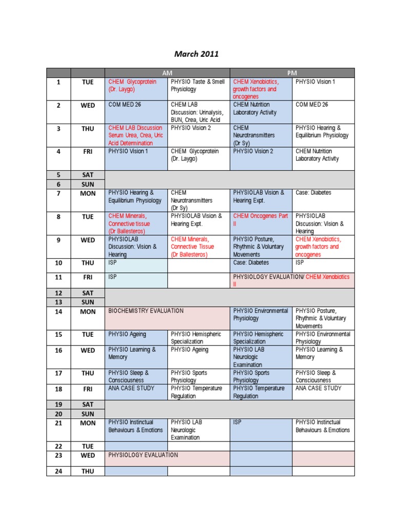 BIOCH March 2011 Calendar | PDF | Biology | Physiology
