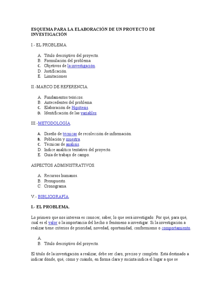 ESQUEMA PARA LA ELABORACIÓN DE UN PROYECTO DE INVESTIGACIÓN