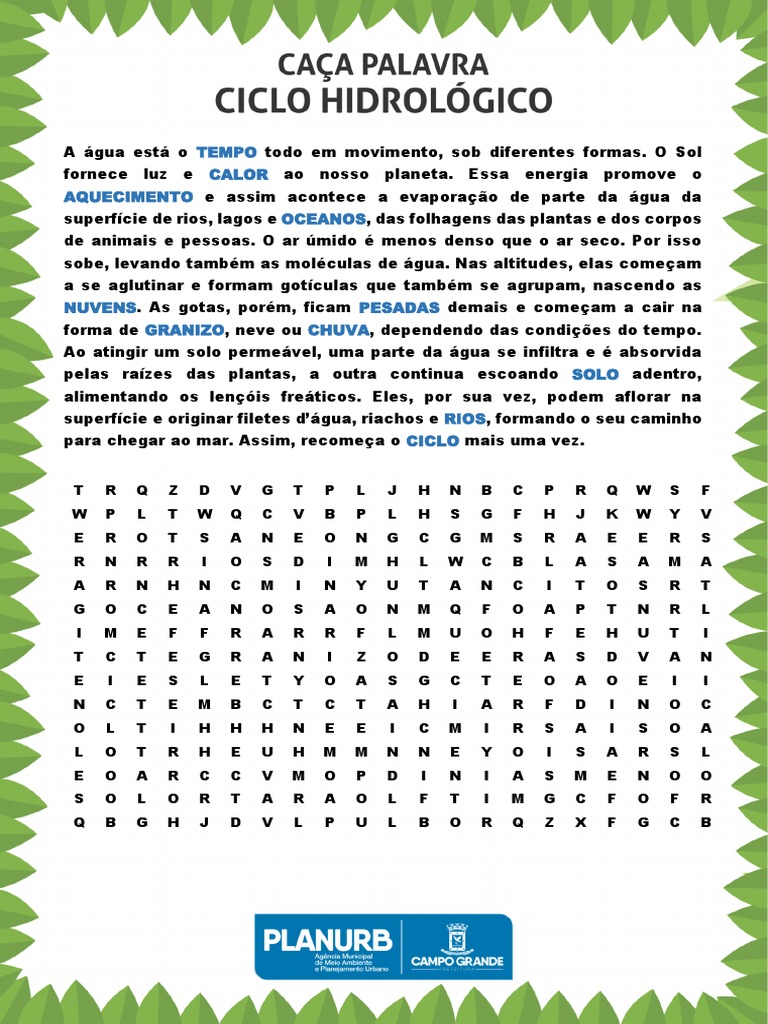Atividade Lúdica Educação Ambiental Caça Palavras Água | PDF | Água ...