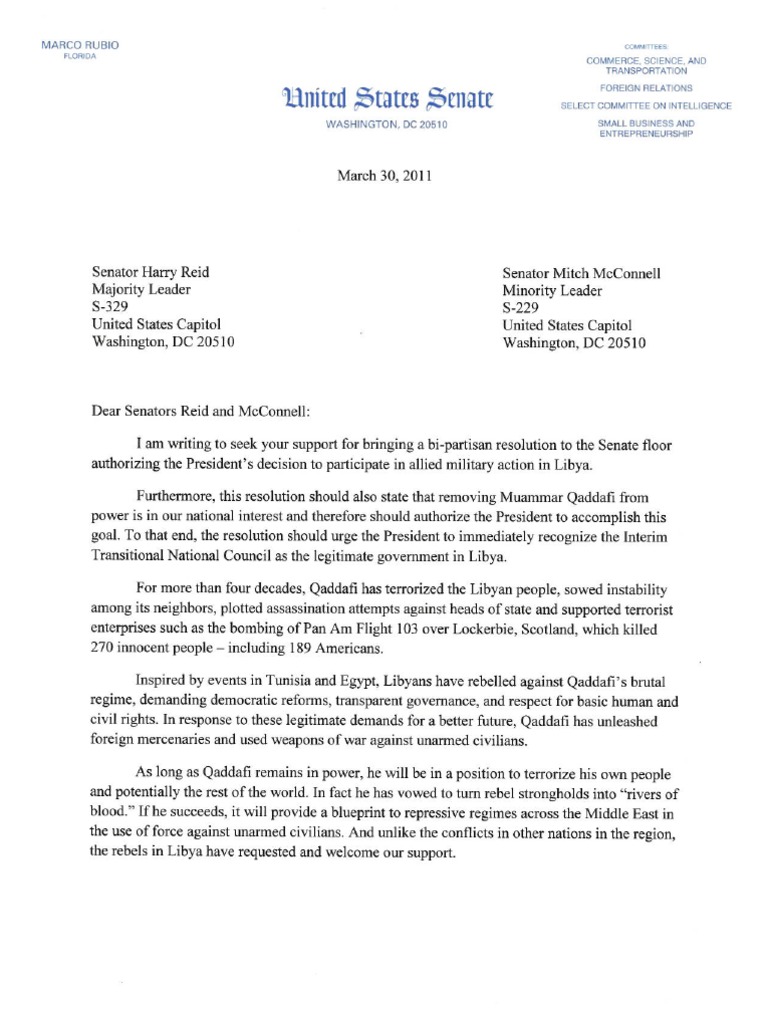 Mr Letter Urging Removal Of Qaddafi March302011