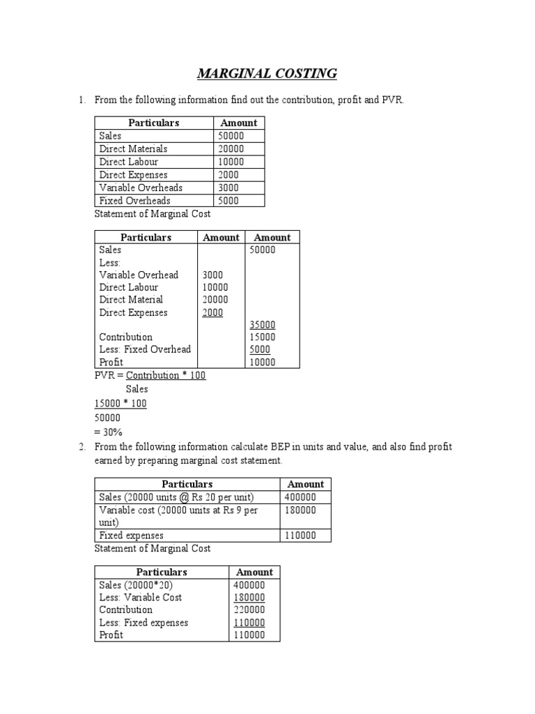 Marginal Costing Analysis and PVR Calculations | PDF | Marketing ...