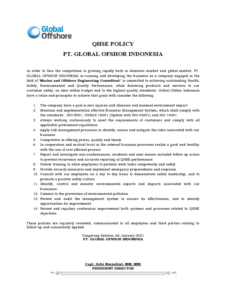 QHSE Policy of PT. Global Ofshor Indonesia | PDF | Business | Economies