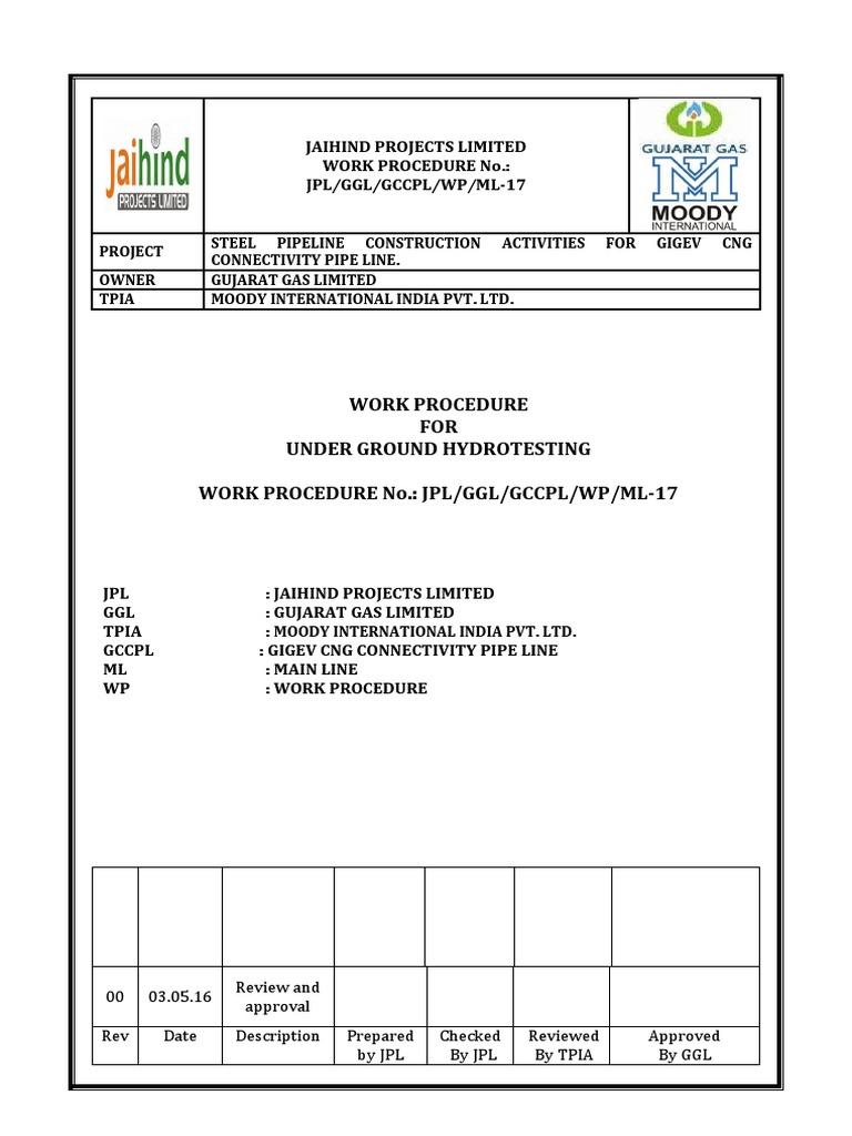 Underground Hydrostatic Testing Procedure for the Gigev CNG