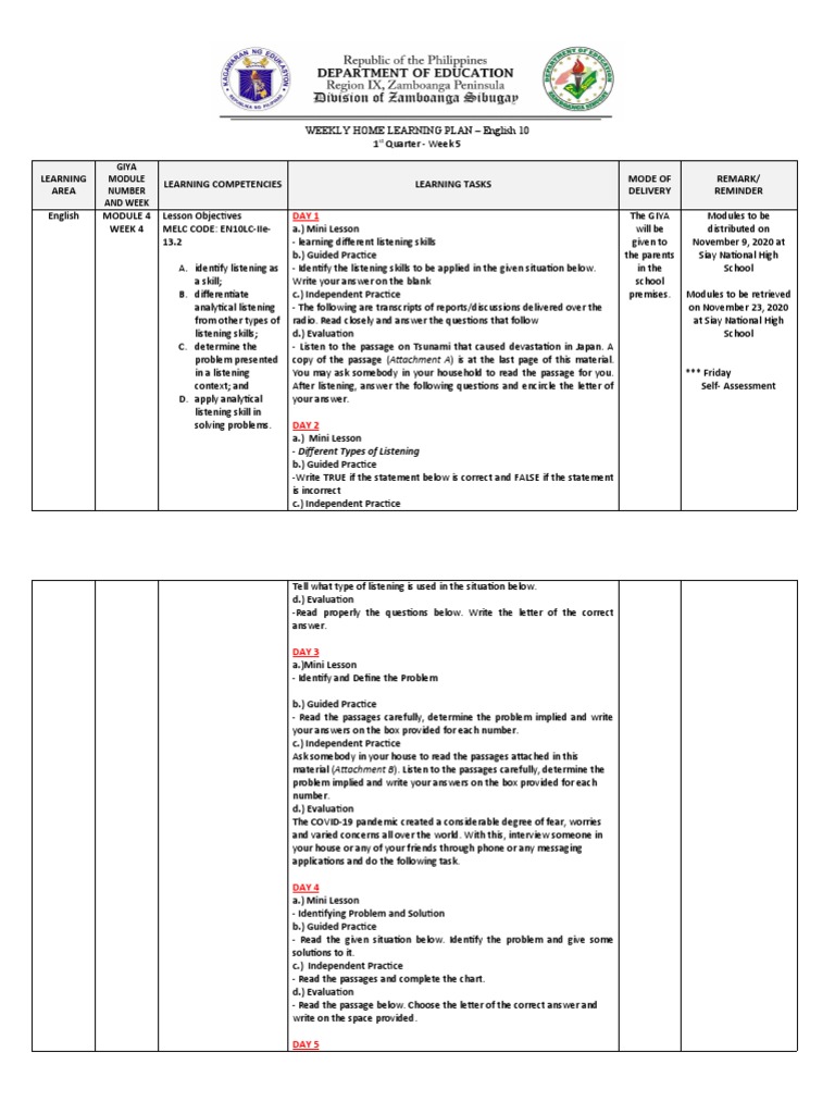 Weekly English 10 Learning Plan | PDF | Learning | Cognition