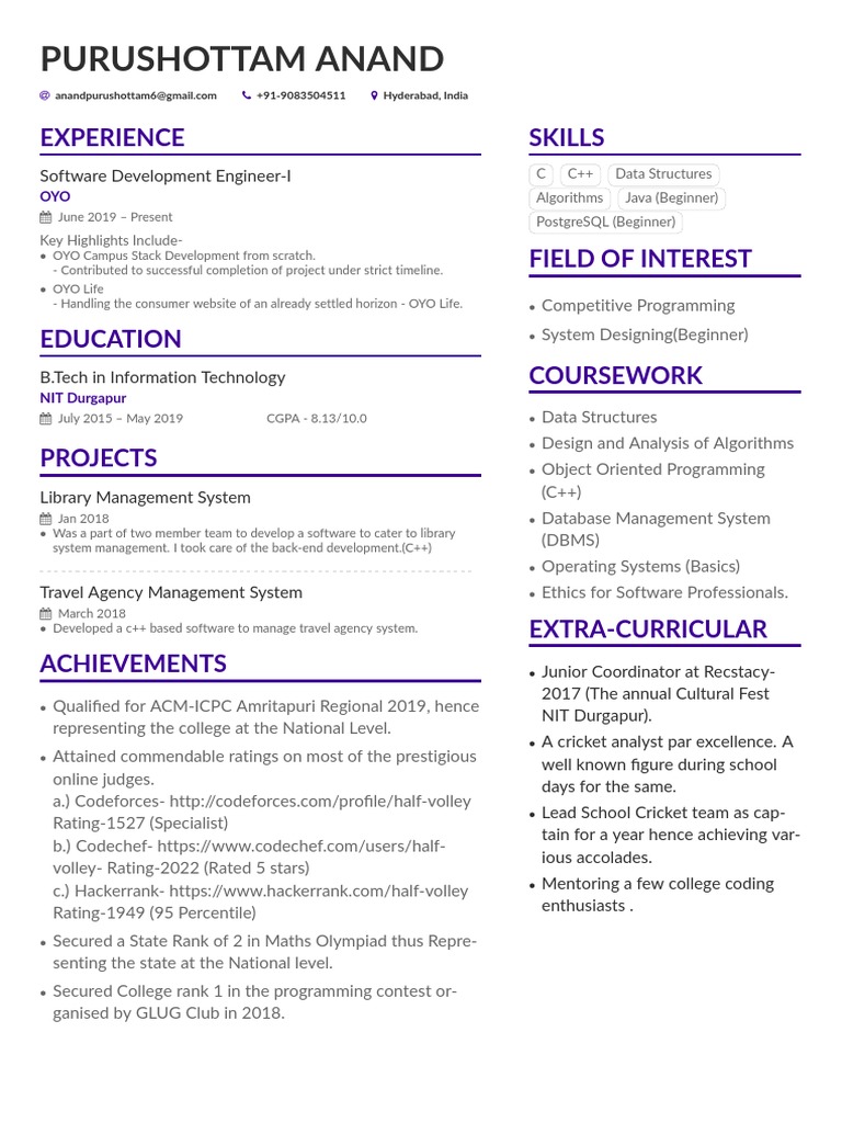 Software Engineer Resume: Purushottam Anand | PDF | Computer Science ...
