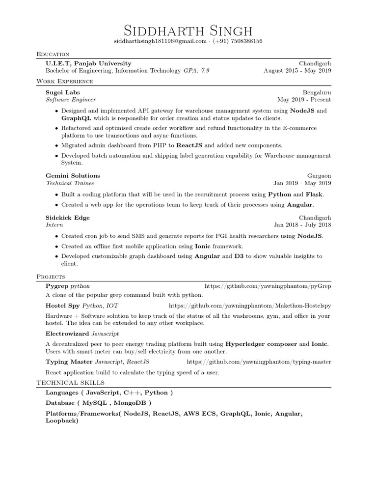 Siddharth Singh: Software Engineer Resume | PDF | Python (Programming ...