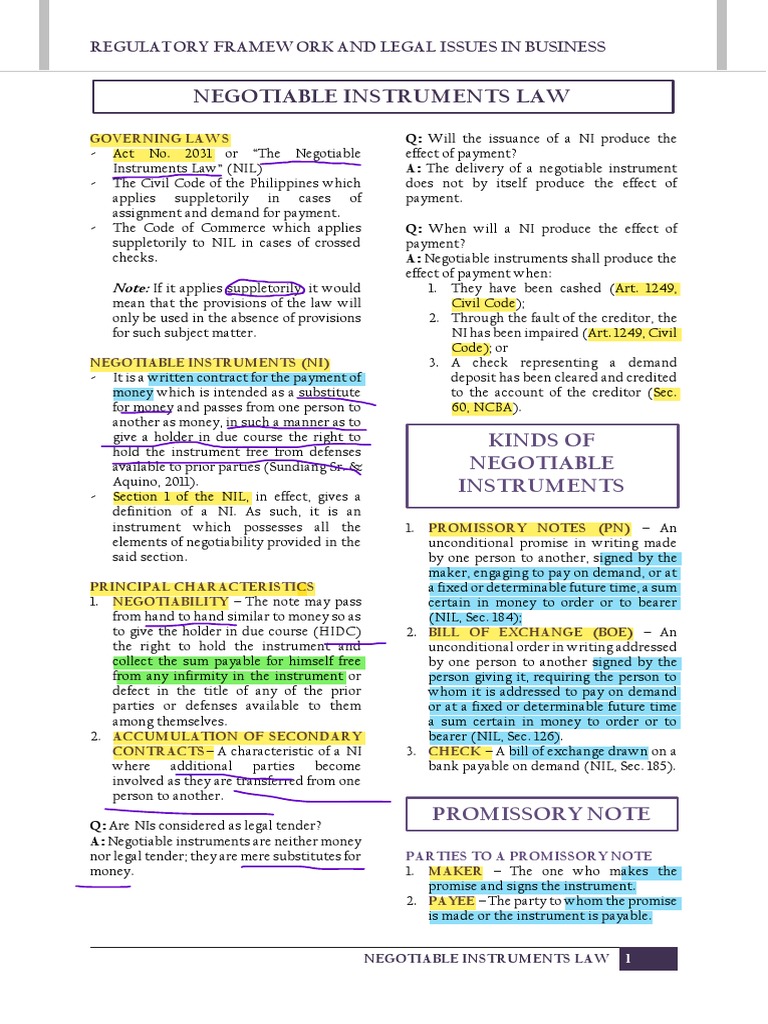 Negotiable Instruments Law Overview | PDF | Negotiable Instrument ...