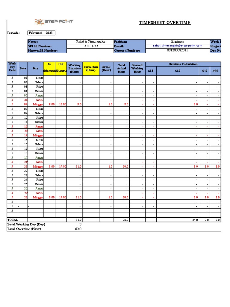 Overtime Timesheet for PT Step Point | PDF | Working Time | Employee ...