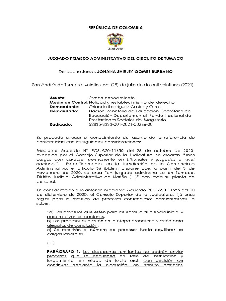 Orlando Rodríguez Castro y Otros 202100286 Auto Avoca Conocimiento