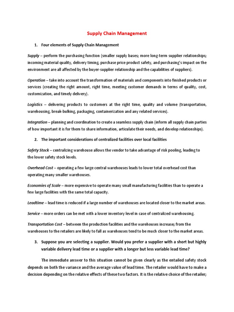 Four Elements of Supply Chain Management PDF Warehouse Supply Chain