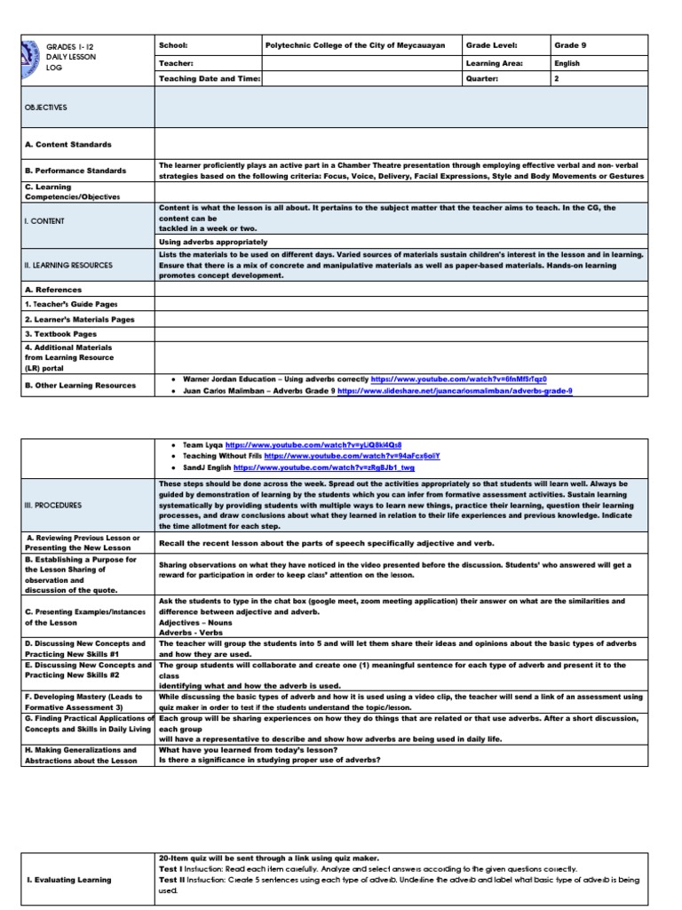 Grade 9 English Lesson on Adverbs | PDF | Adjective | Adverb