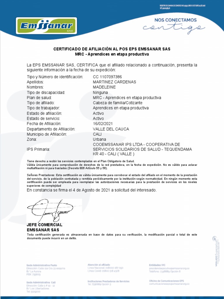 Certificado de Afiliación EMSSANAR | PDF | Finanzas y dinero