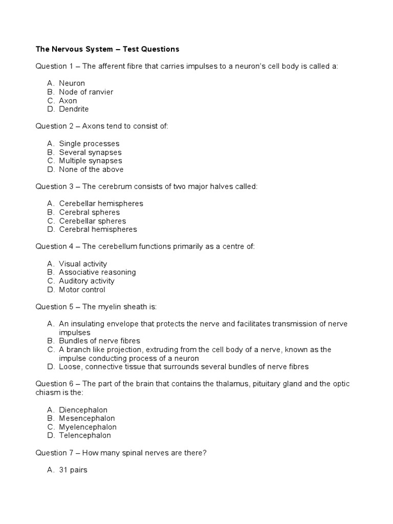 Nervous System Test Questions and Answers | PDF | Central Nervous ...
