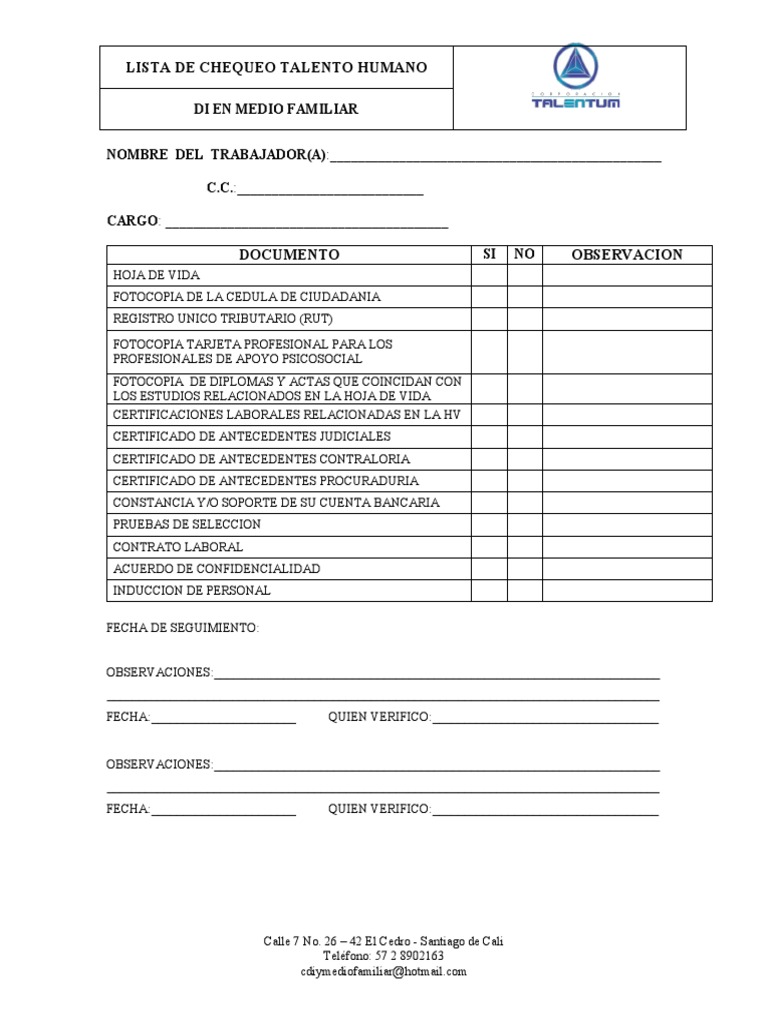 Lista de Chequeo para Talento Humano | PDF