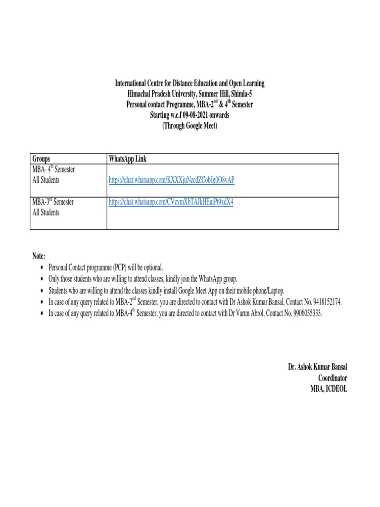 MBA PCP Schedule and WhatsApp Links | PDF
