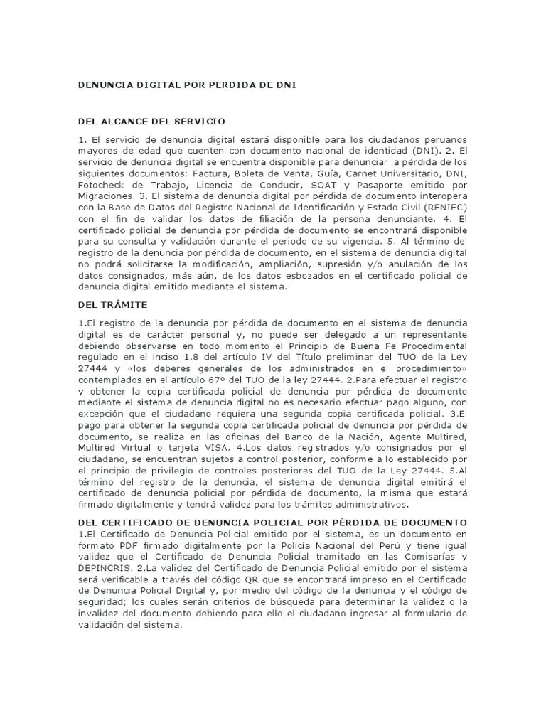 Denuncia Digital Por Perdida de Dni PDF Gobierno Gobierno y