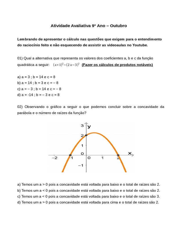 Exercícios de Função Quadrática 9º Ano | PDF | Equação quadrática ...