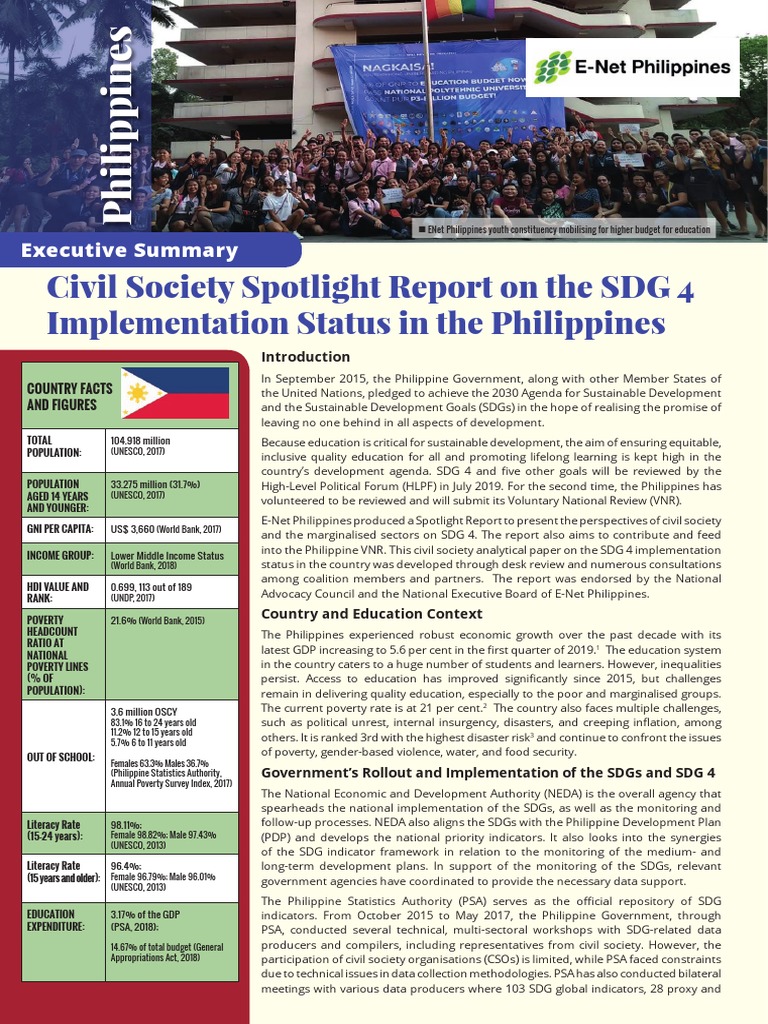 SDG 4 Education Status in the Philippines | PDF | Teachers | Poverty