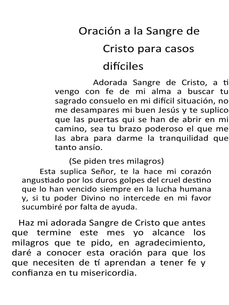 Oración A La Sangre de Cristo para Casos Difíciles | PDF