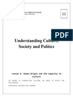 Understanding Culture, Society and Politics: Lesson 6: Human Origin and The Capacity To Culture