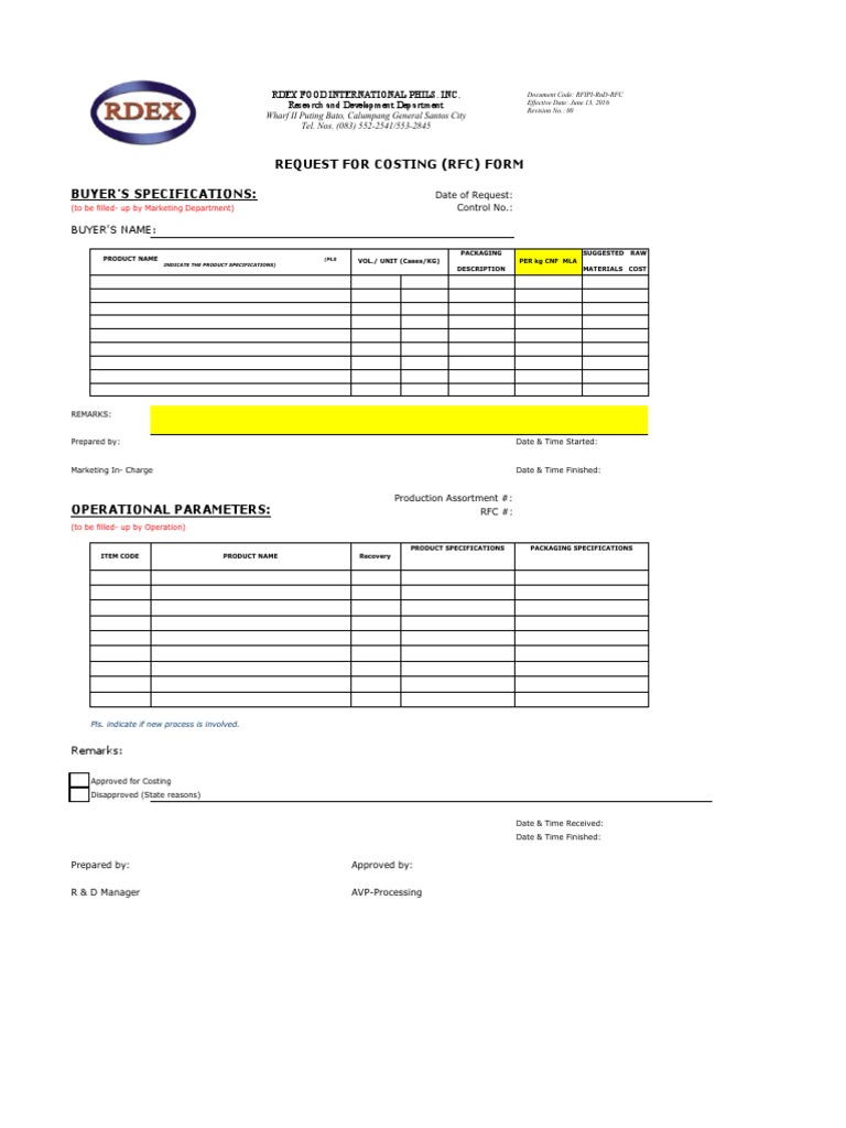 Request for Costing Form Template | PDF | Marketing | Business Process