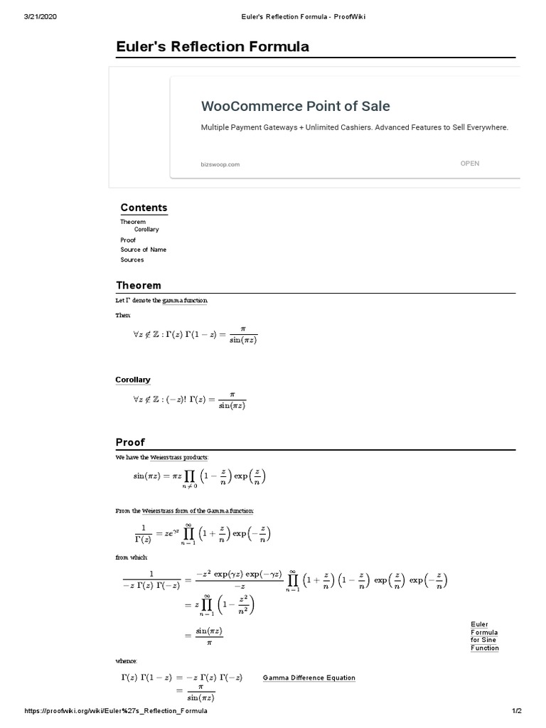 Euler's Reflection Formula ProofWiki PDF Sine Pi