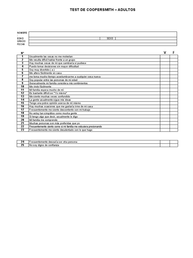 Test de Coopersmith para Adultos | PDF