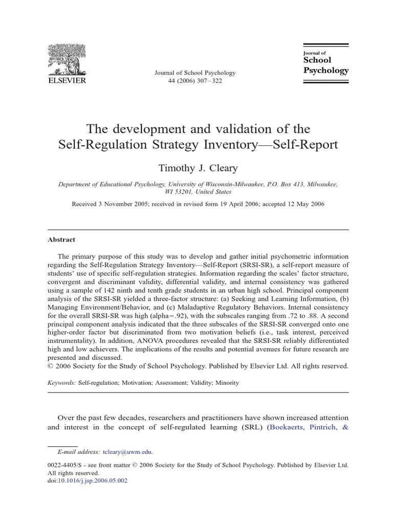 Cleary Validacion SRsI SR | PDF | Self Efficacy | Factor Analysis