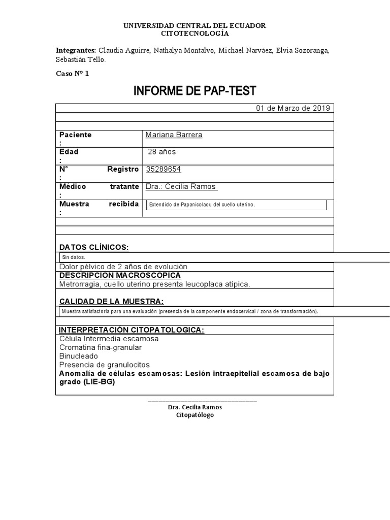 Modelo Informe de Pap | PDF | Citopatología | Especialidades Medicas