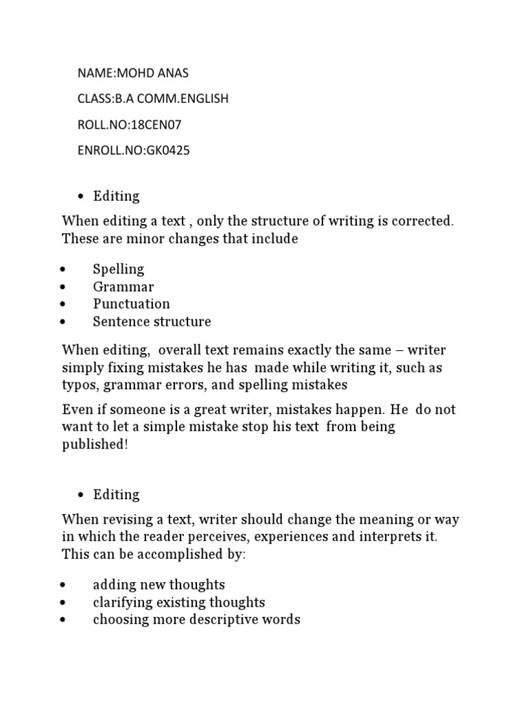 Revision And Editing Pdf Writers Editing