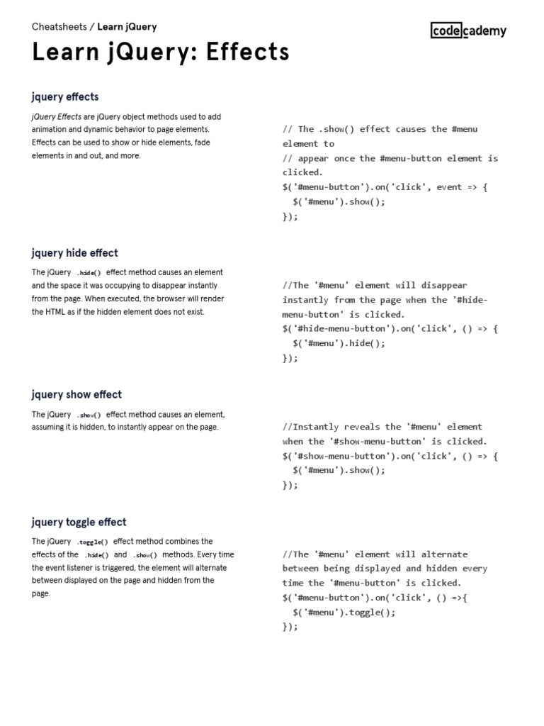 Learn JQuery Learn JQuery Effects Cheatsheet Codecademy PDF J