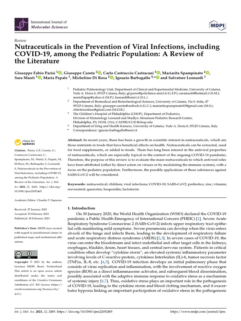 Nutraceuticals in Te Prevention of Viral Infection Includin COVID-19 ...