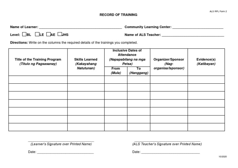 RPL Form 2 Record of Training | PDF