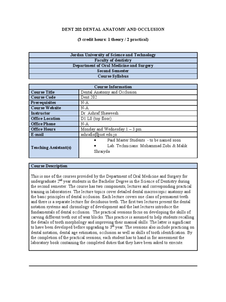 DENT 202 Course Syllabus PDF Dental Anatomy Dentistry