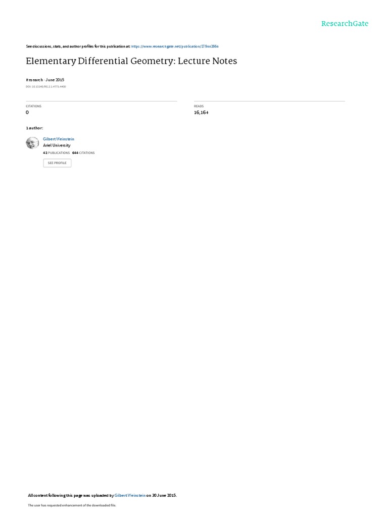 Elementary Differential Geometry Lecture Notes June 2015 PDF